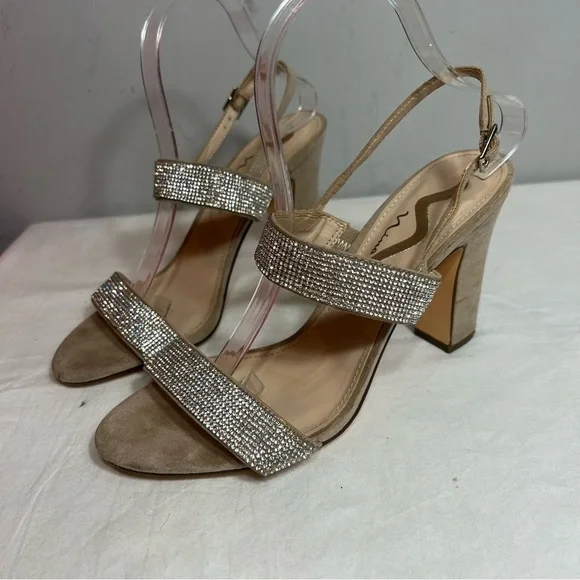 Nina Senta nude tan rhinestone double strap adjustable strap block heels 9.5