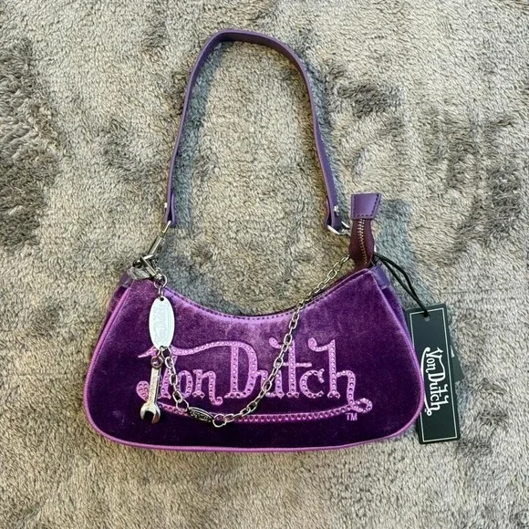 Purple‎ Velvet Von Dutch Shoulder Bag Purse Y2K Retro Style
