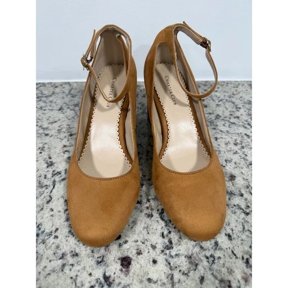 Charter Club Francina Tan Faux Suede Ankle Strap Block Heel Pumps Womens 8M