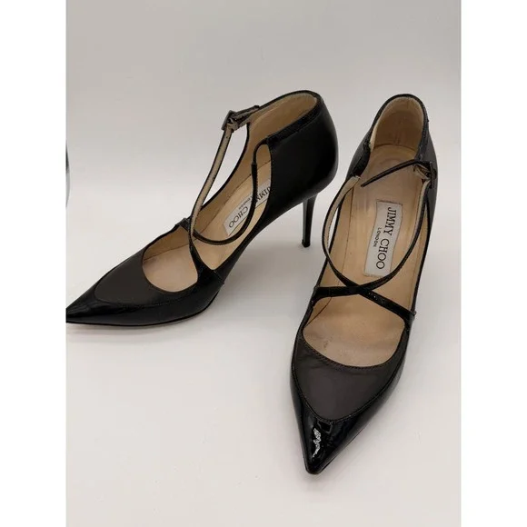 Jimmy Choo Black Leather Patent Crisscross T-Strap Pointed Toe Pumps 36.5 Italy