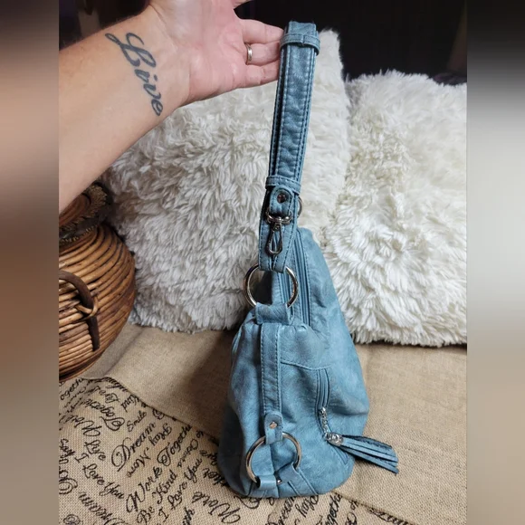 Greyish blue faux leather shoulder bag with silver tone hardware