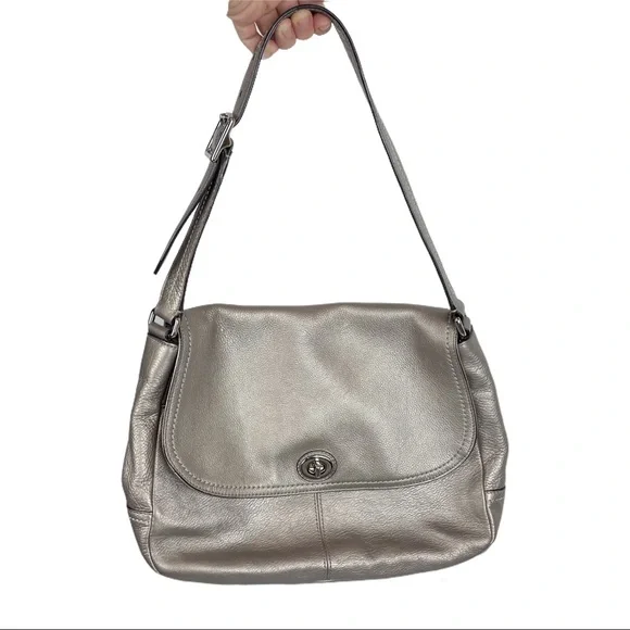Coach Park Leather Flap Shoulder Bag Metallic Silver