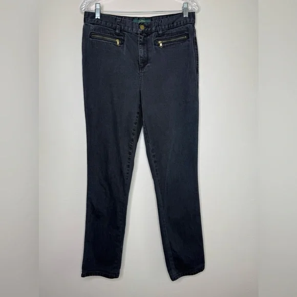 LRL Lauren Ralph Lauren Black Straight Jeans Zipper Front Pockets Stretch Sz 6