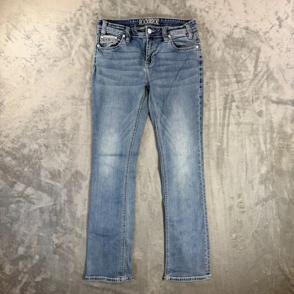 Rock and Roll Cowgirl Boyfriend Jeans Women's Sz 26x34 Blue Embroidered Denim