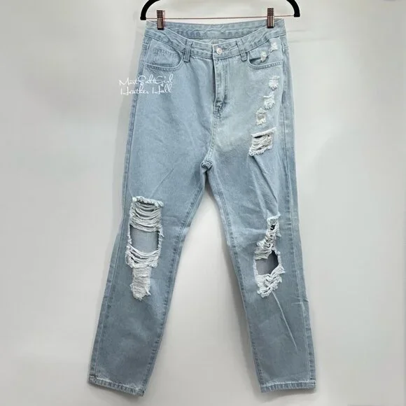Shein Distressed Light Blue Ultra High-Waisted Denim Jeans 6