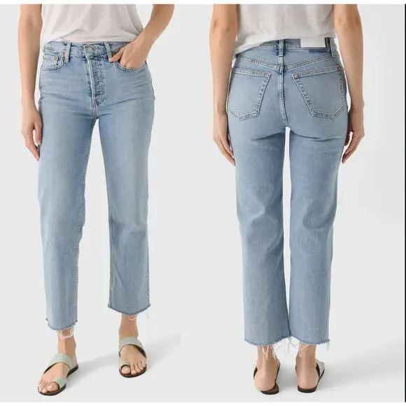 Re/Done Frayed Hem Straight Leg High Rise Stove Pipe Jean Blue Size: 24