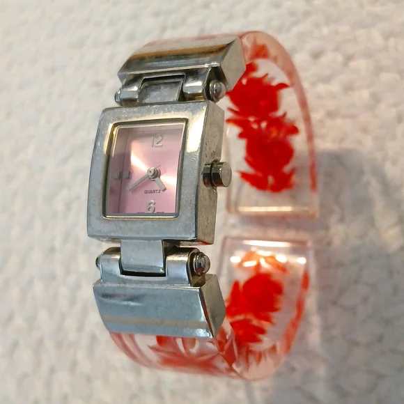 Quartz Watch Hinged Lucite Pink Rose 🌹 Floral Cuff Band