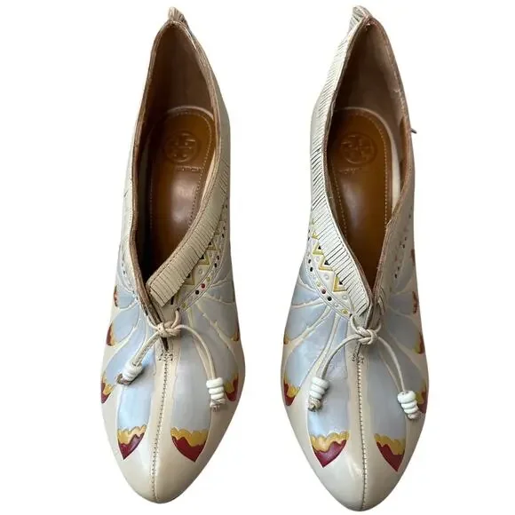 Tory Burch Yuma Fringe Feather Heel 7.5 Folk Art Block Pump