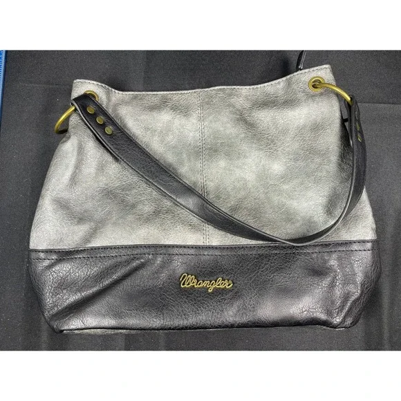 Wrangler Hobo Shoulder Bag Pewter Grey Black Vegan Leather Western Studded Logo