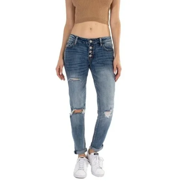 Kancan 15/31 Blakely Button Fly Ripped Skinny Ankle Distressed Denim Women Jeans