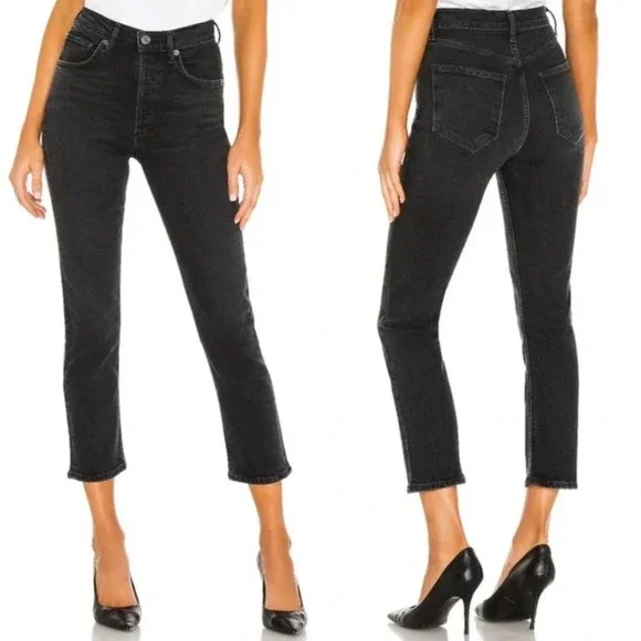 NWT AGOLDE Riley High Rise Straight Crop Jeans Women's Black Size 32