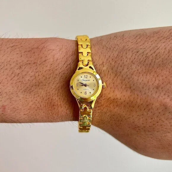 y2k vintage style cute gold round stainless steel quartz watch