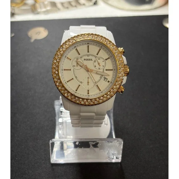 Fossil Chronograph Watch Womens White Gold Rhinestone CH-2716 Cecile