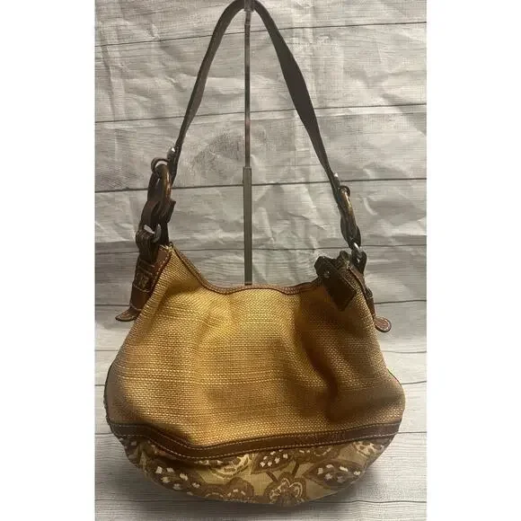 Fossil Paisley Bottom Shoulder Bag Leather & Wood Trim Hobo Purse