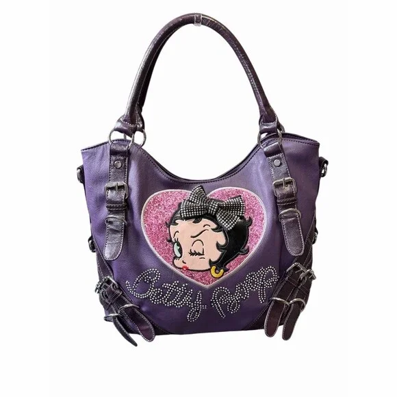 Betty Boop Large Shoulder Bag Purple Rhinestone Glitter Heart Top Zip