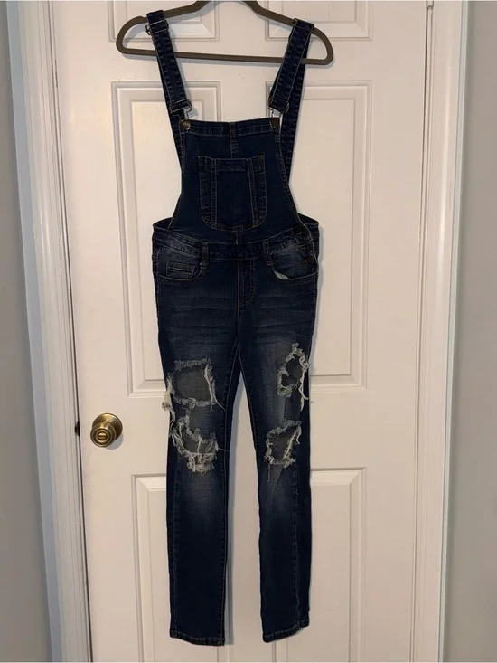 Machine Dark Blue Distressed busted skinny Denim Overalls 27