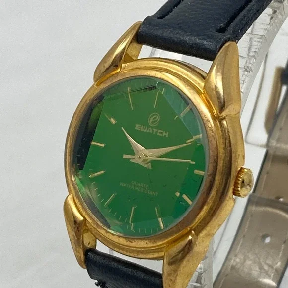 Ewatch Watch Women 25mm Gold Tone Green Dial Faceted Crystal New Battery 7.25