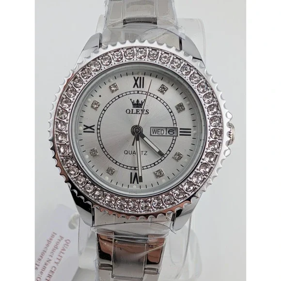 OLEVS Watch Women 34mm Case Crystal Bezel Silver 7.5