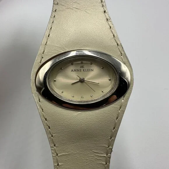 3/$30 Anne Klein Watch Women Silver Tone Cream Leather Band New Battery 8.5