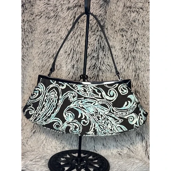 TALBOTS Kisslock Frame Shoulder Bag Brown Turquoise Paisley Print Silk Blend NWT