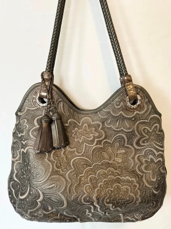 Brighton Embossed Floral Leather Bronze Metallic Tassel Shoulder Bag