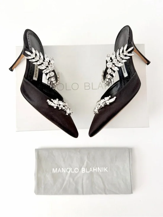 MANOLO BLAHNIK | Lurum Black Satin Crystal Embellished Mule Heels EU 37