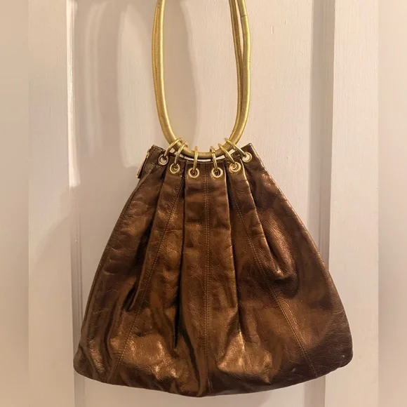 Trina Turk Metallic Leather Pleated Hobo Shoulder Bag with Gold Accents