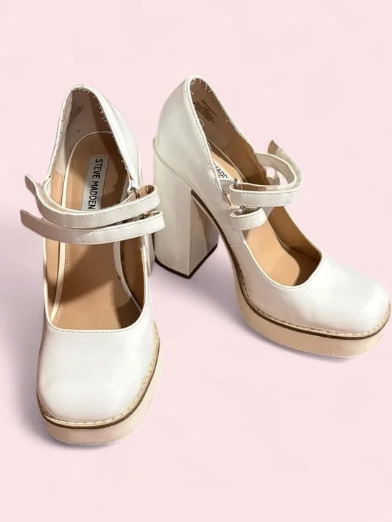 White Steve Madden patent leather platform Mary Jane heels 8.5