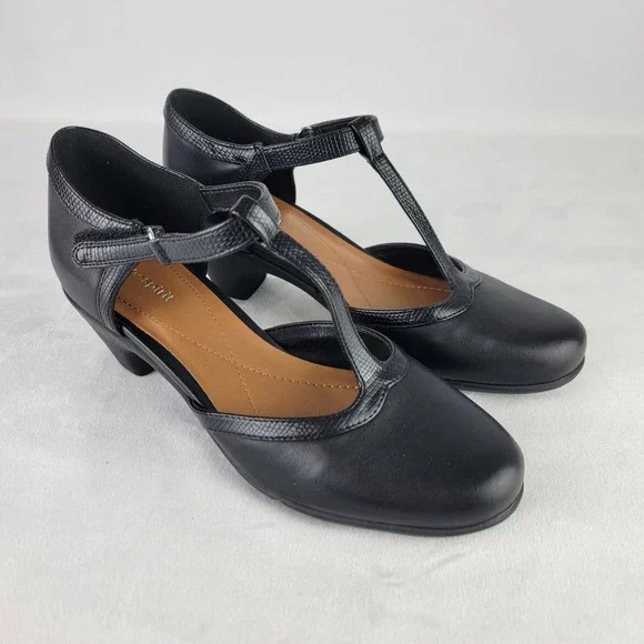 Easy Spirit Cara Black T-Strap Pumps Womens 6.5 M Round Toe Comfort Heels NEW