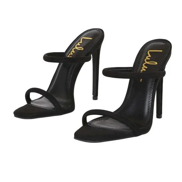 NIB Lulus Theyaa Black Faux Suede Square Toe High‎ Heel Sandals Size 8