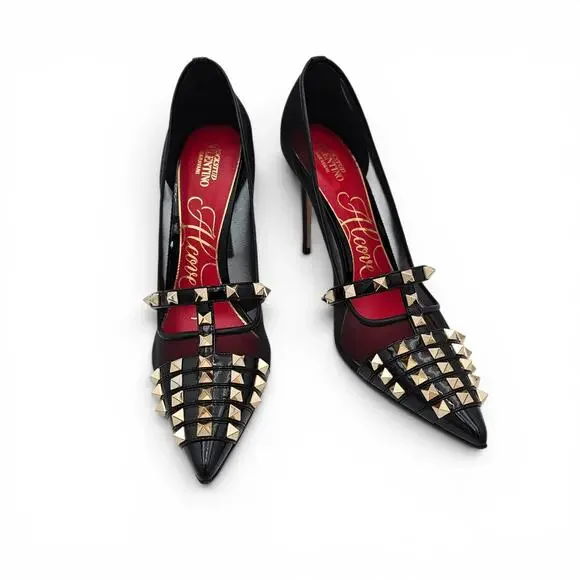 Valentino Garavani Rockstud Alcove Black Patent Leather Mesh Pump Heel Size 39 9