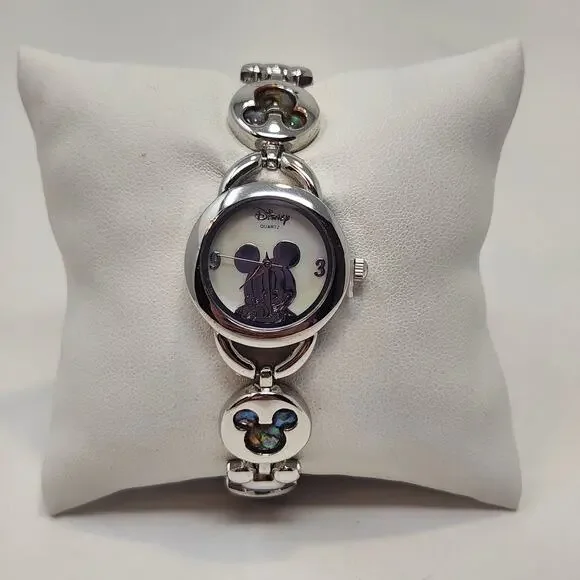 Disney Mickey Mouse Head Silver Tone Watch MOP Face Abalone Shell Inlay MK2006A