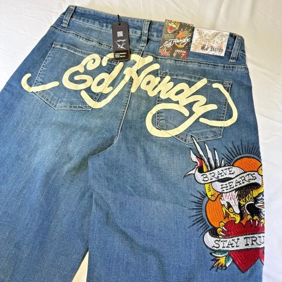 NWT Ed Hardy Women's Brave Hearts Stay True Eagle Wide Leg Jeans Size 34X32