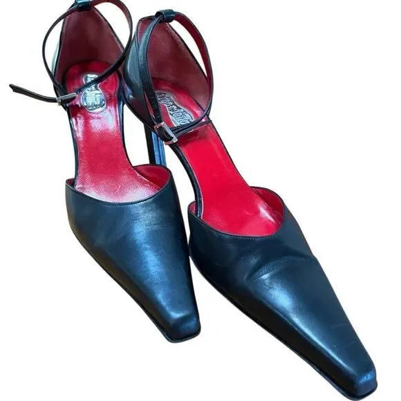 Free Lance Paris Black Leather Heels Ankle Strap Long Snip Toe EU 37 US 7