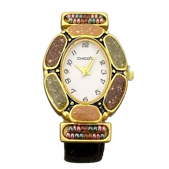 Chico's Y2K‎ Oval Gold Tone Beaded Faux Stone Watch w/ Pouch Quartz Not Tested