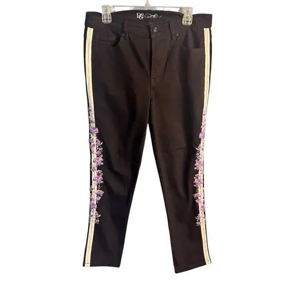 DG2 Jeans Black Floral Side Stripe Stretch Pants Size 12