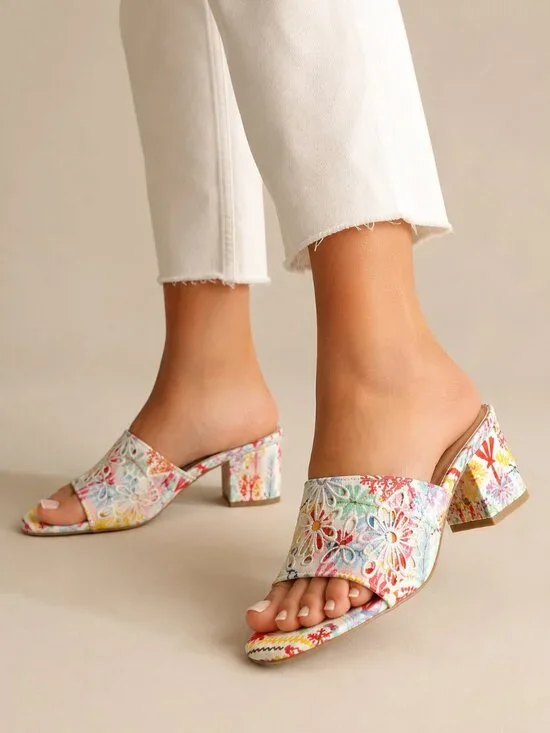 Copper Key Floral Embroidered Mule Heels