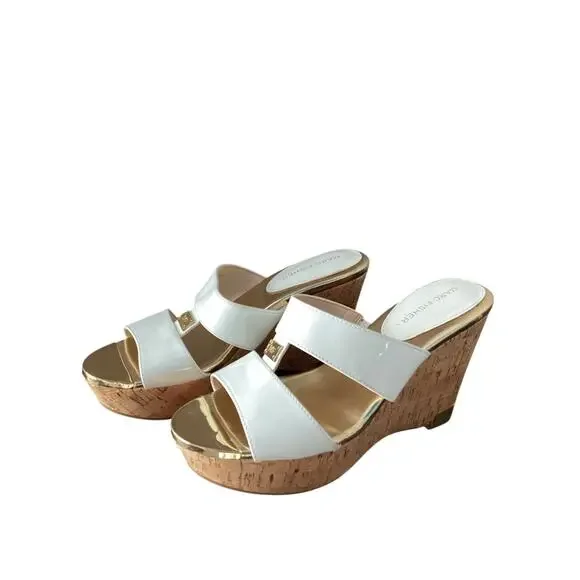 Marc Fisher Women's wedges sandals white straps gold tones cork platform heel 7
