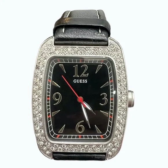 GUESS BLACK TANK WATCH w RECTANGLE FACE & PAVE CRYSTAL BEZEL & LEATHER STRAP
