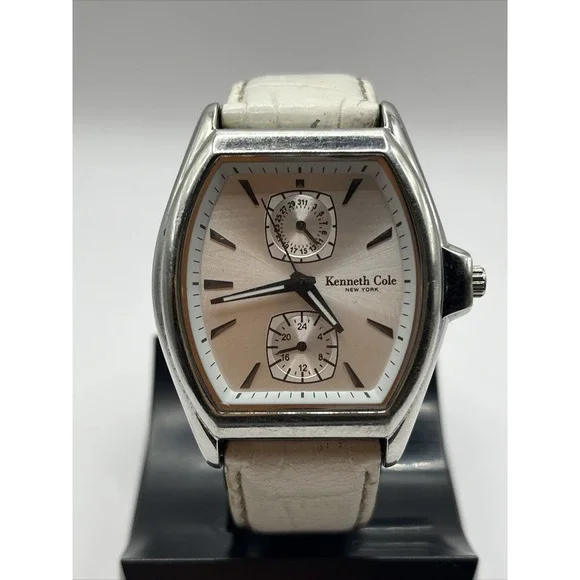 Kenneth Cole KC2317 Womens White Tonneau Multifunction Silver Dial Leather Band‎