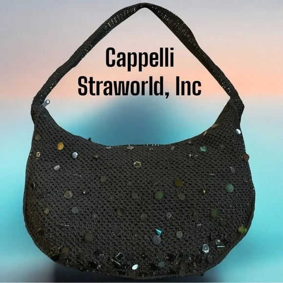 Cappelli Straworld Women's Black Crocheted Beaded Sequins Boho Y2K Shoulder Bag