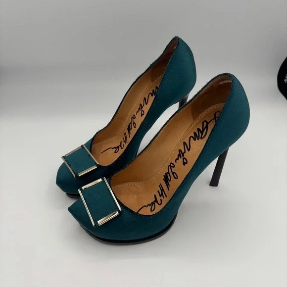 Lanvin Platform Pumps Women Sz 39 Teal Satin Buckle Stiletto Heel Luxury