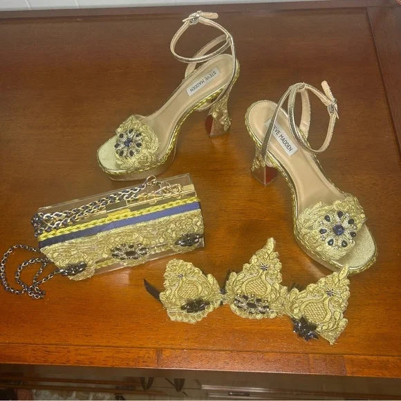 Steve Madden Gold and navy jeweled lace Heels, clutch and headpiece handmade. 8