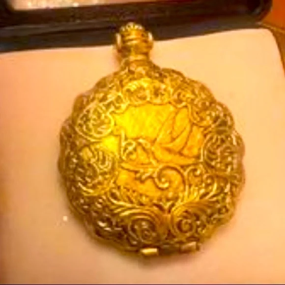 Vintage MAX FACTOR Golden LARK BIRD Pocket Watch Powder compact