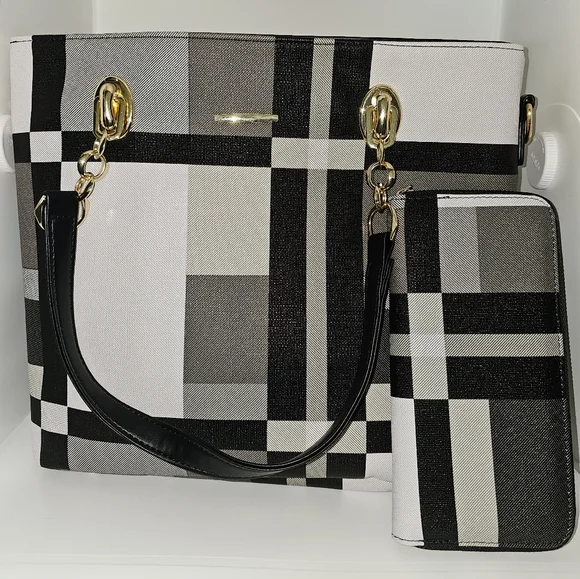 Black and White Plaid Handbag Set