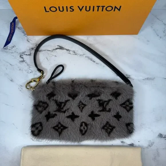 Louis Vuitton Mink Fur Bag Monogram Milla Vision MM Gray Vintage Rare Shoulder