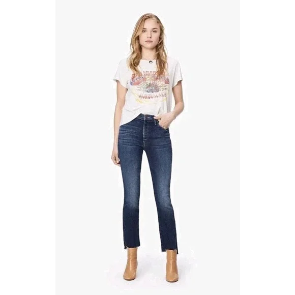 MOTHER Insider Crop Step Fray Jeans 24‎ High Waist Bootcut Blue Denim Chic