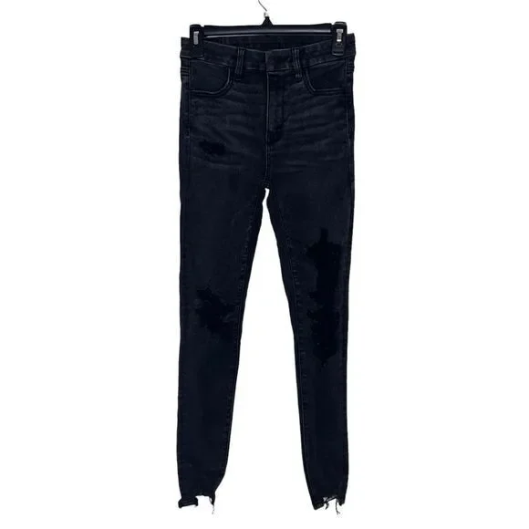 American Eagle Woman's Distressed Super Hi Rise Jegging Black Denim Jeans Size 2