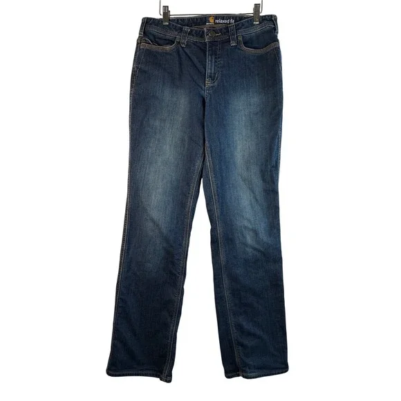 Carhartt Relaxed Fit Flannel Lined Jeans Dark Wash Denim 6 Tall Western Workwear