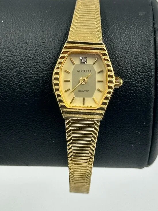 Vintage Adolfo Watch Women Gold Tone Oval 17MM Dial Slim Band New Battery